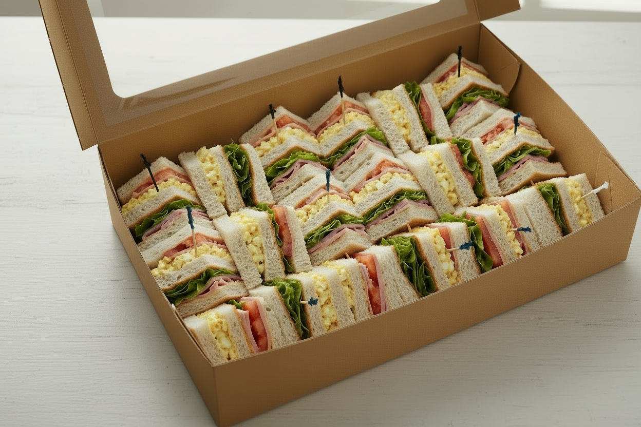 24 piece large box of club sandwiches cut into 4s with Ham, sliced bread, Egg mix, Tomato, lettuce 