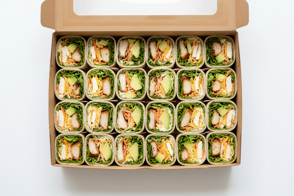24 piece wraps cut in half in a catering boxfilled with Lettuce, Chicken, Avocado, Carrot, Cheese, mayo
