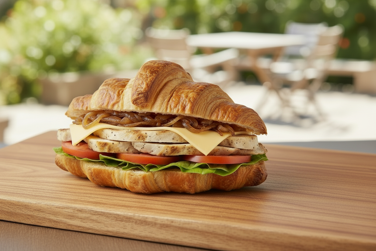 5x Large Croissant filled with Chicken Caramelized onion, cheese slice, tomato, lettuce 