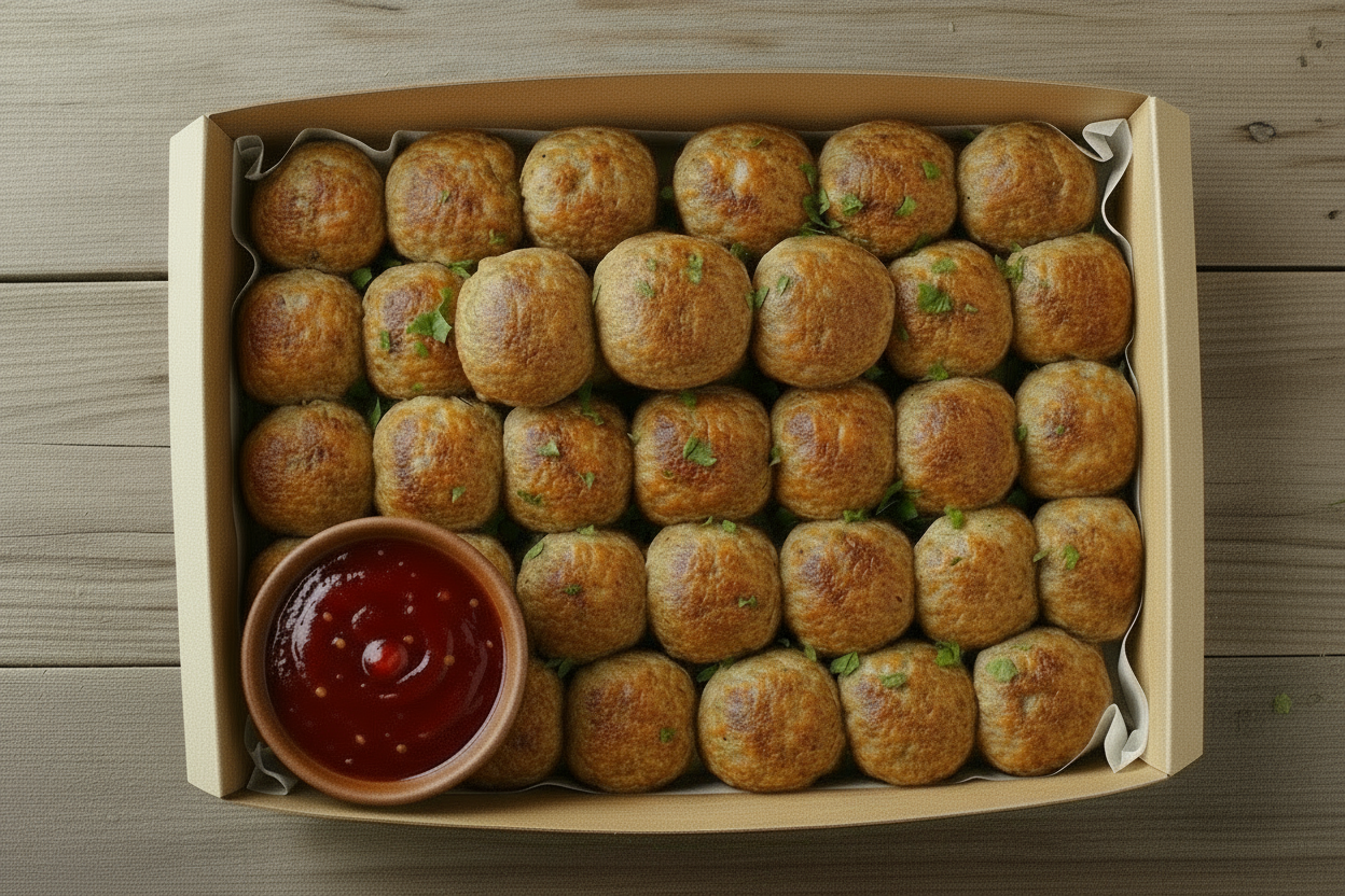 Brown Catering Box filled with Small Chicken Meatballs 