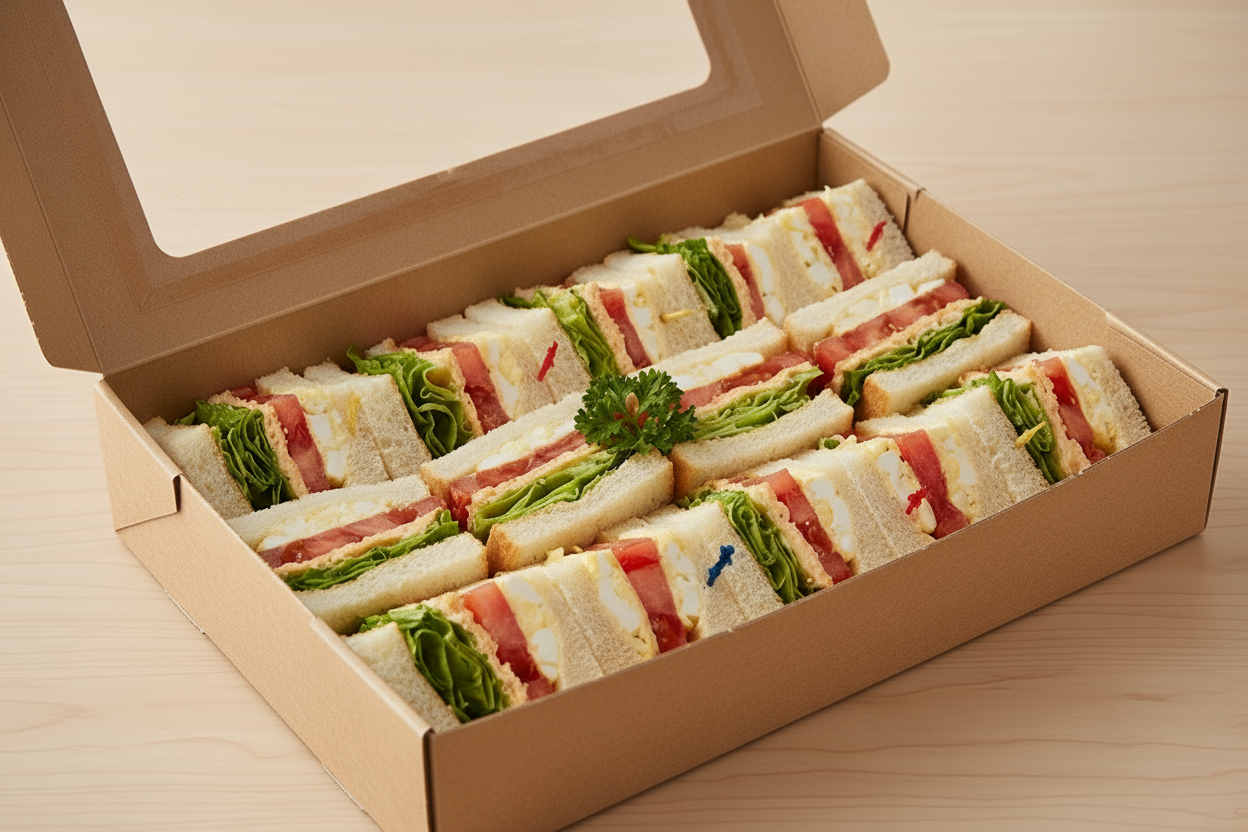 Box with 24 Club sandwich pieces filled with Egg Mayo Mix, tomato, Lettuce 
