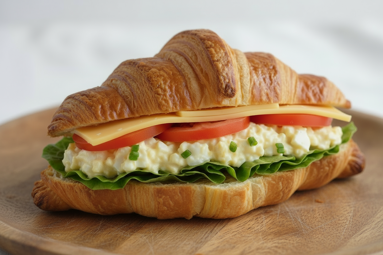 croissant filled with Egg and mayo, Tomato, Lettuce