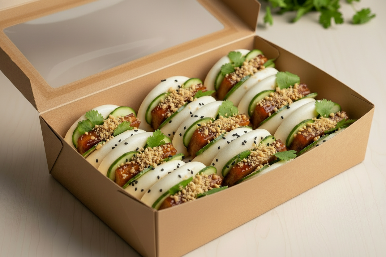 Catering box filled with mini Bao buns filled with pork belly in hoison  sauce, cucumber, coriander and crushed peanuts
