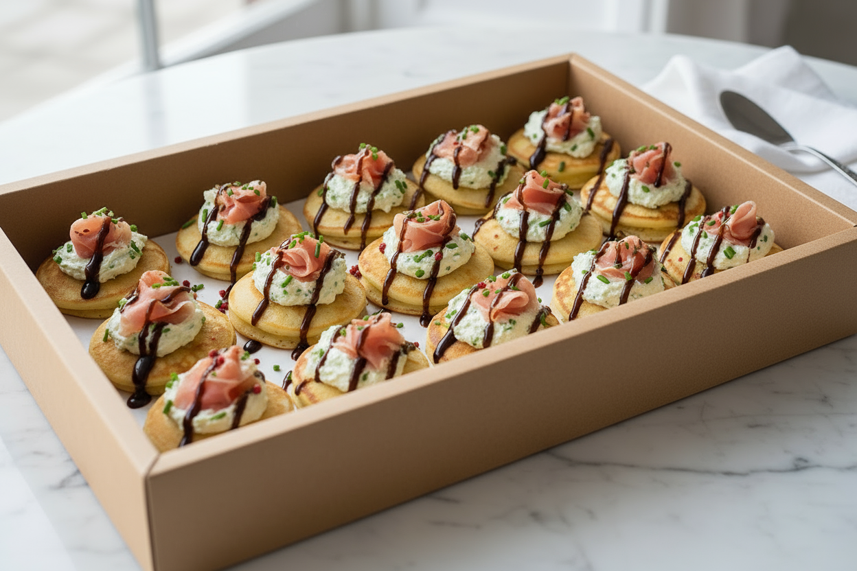 Catering Box with Blini loaded with Chive cream cheese, Prosciutto  finished with a drizzle of rich balsamic glaze 