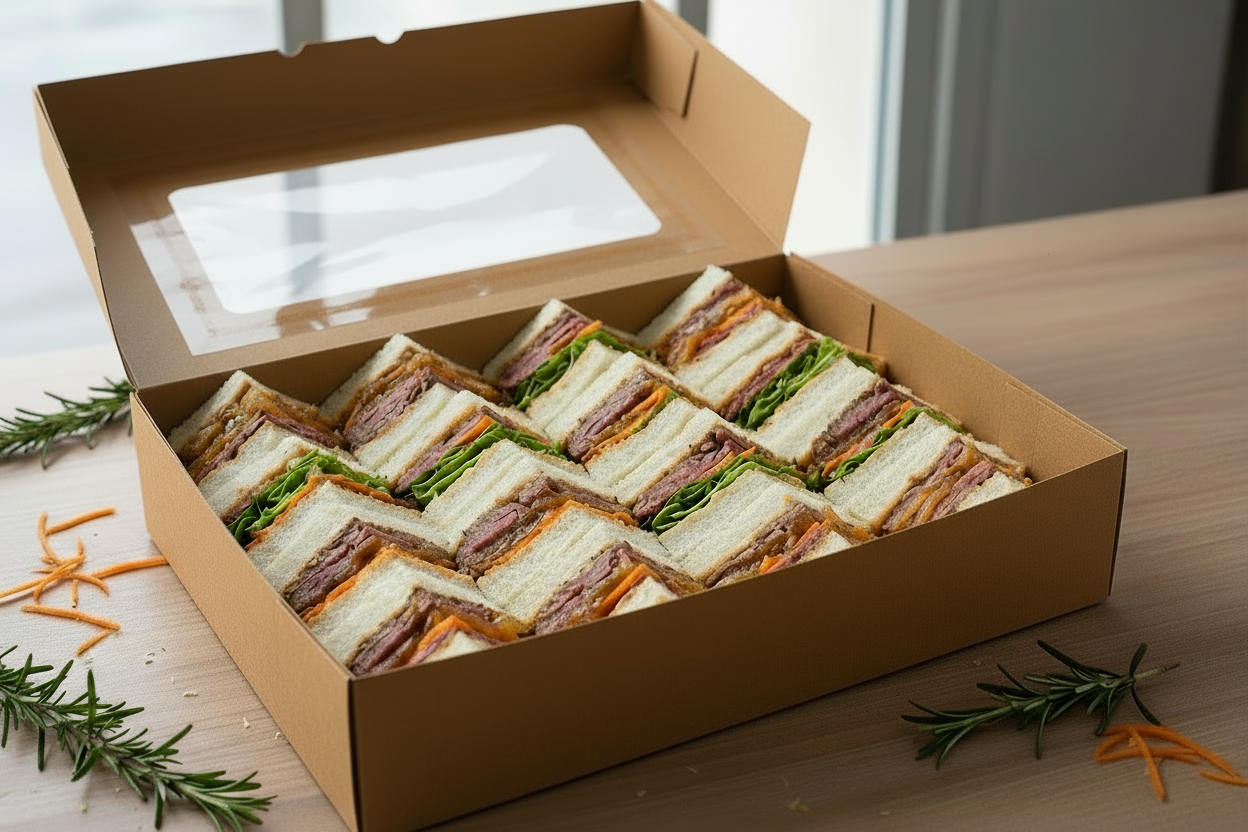 Box with 24 peices of club sandwich filled with shaved roast beef, caramilzed onion, sliced white bread, carrot, lettuce