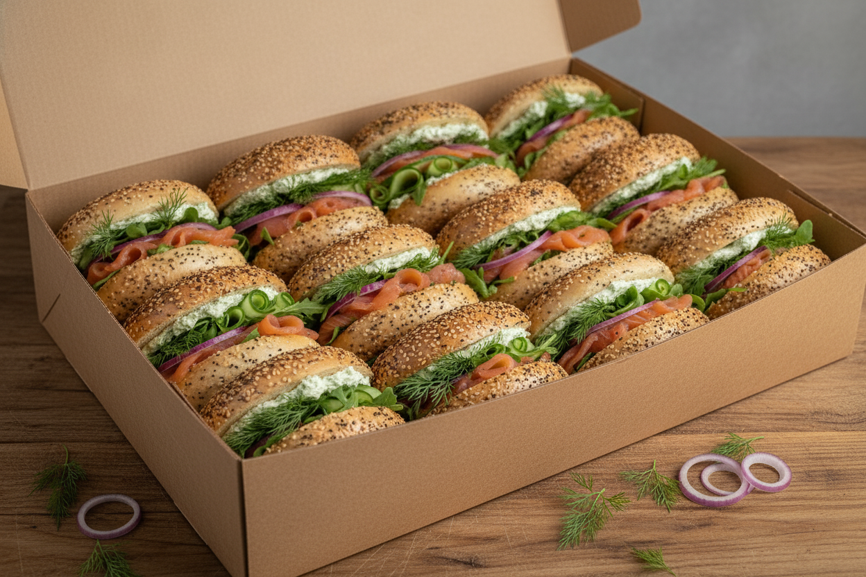 Everything bagel filled with dill cream cheese, smoked salmon, cucumber ribbons, red onion, dill, arugula 