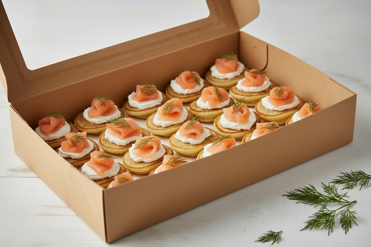 Catering Box with Blini topped with Cream cheese, salmon and dill