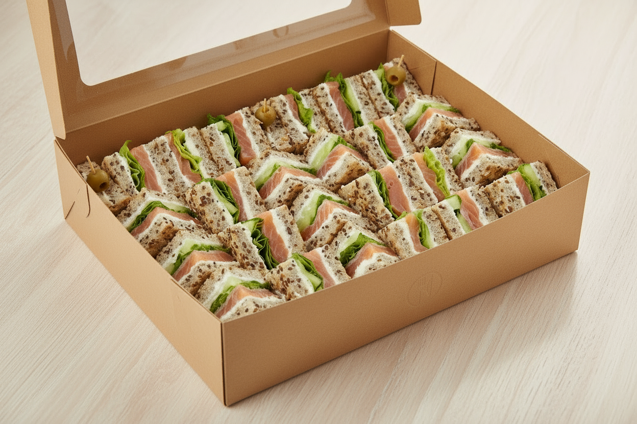 Box of 24 club sandwiches filled with Smoked Salmon, creamcheese, cucumber, lettuce
