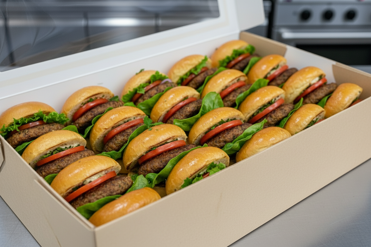 Catering Box with Vegetarian Sliders with lettuce and tomato 
