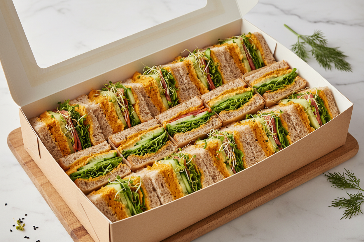 Box 24 pieces of Club Sandwiches filled with orange hummus, cucumber, carrot, alfalfa sprouts, lettuce 