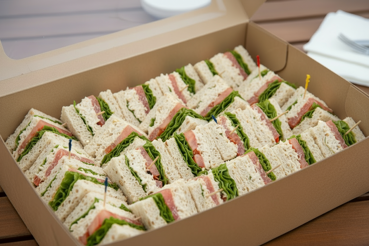 Box of Club Sandwiches cut into 4s, with chicken, tomato and lettuce in them 