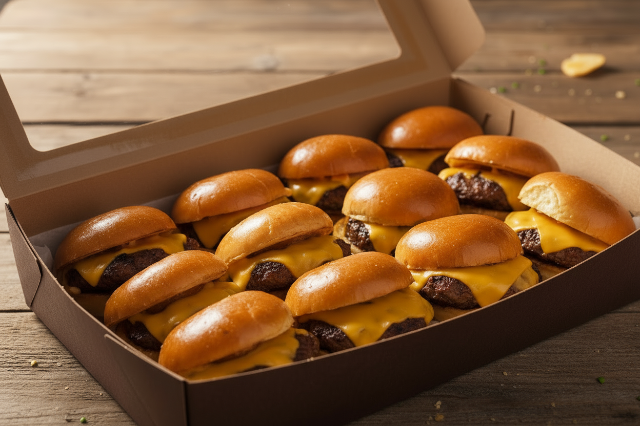 Brown Catering Box filled with Beef & Cheese Sliders on a broiche bun