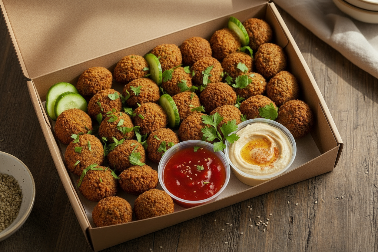Brown Catering Box filled with Round Falafels, hummus, sweet chilli dipping sauce