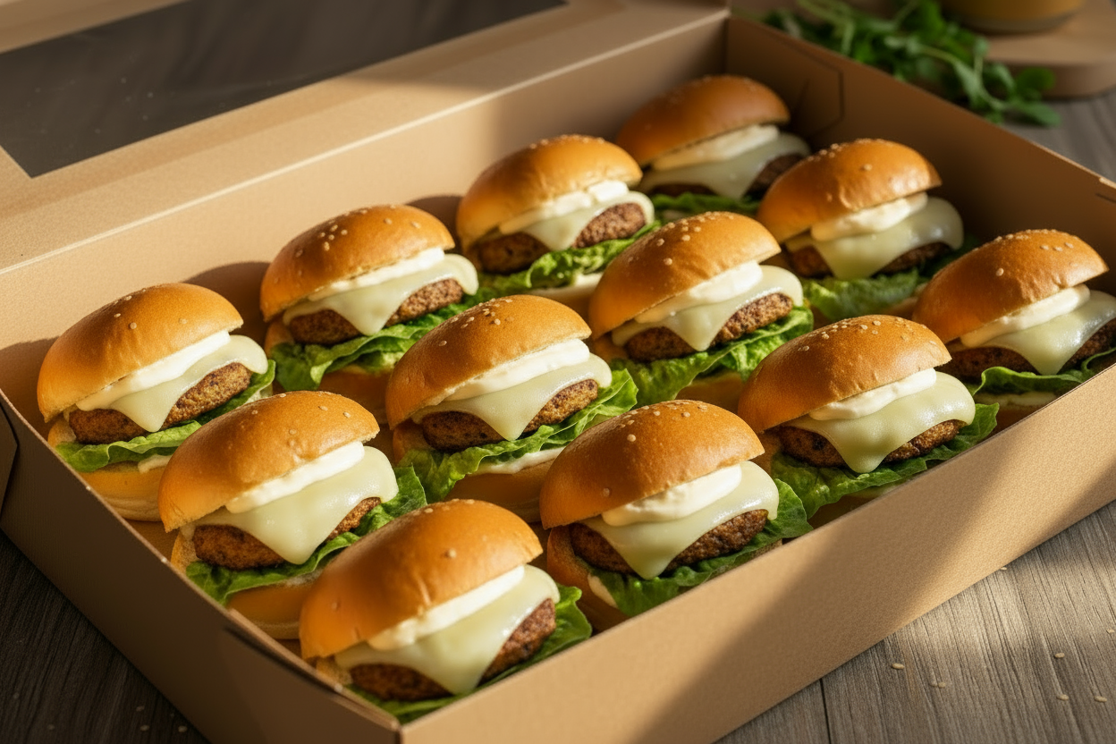 Brown catering Box filled with Vegetarian sliders on a brioche bun with cheese and lettuce and mayo