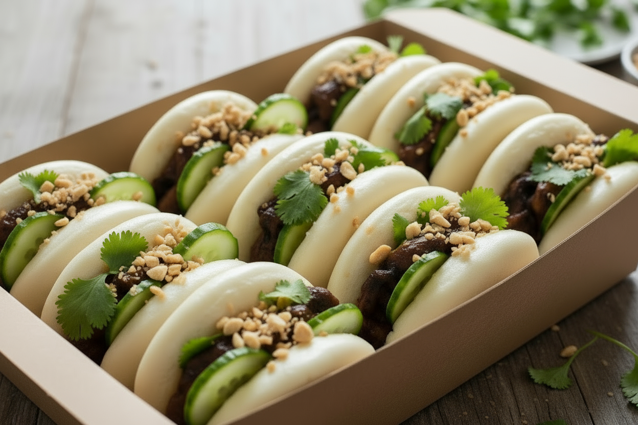 Brown Catering Box with mini bao buns filled with hoisin mudrooms, cucumber, coriander and crushed peanuts 