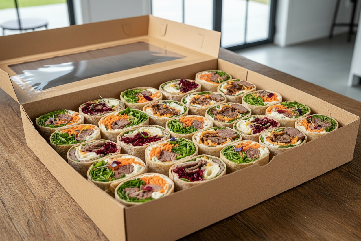 Catering Box of 24 wraps cut in half filled with beef, lettuce, carrot, cheese, grated beetroot, mayo
