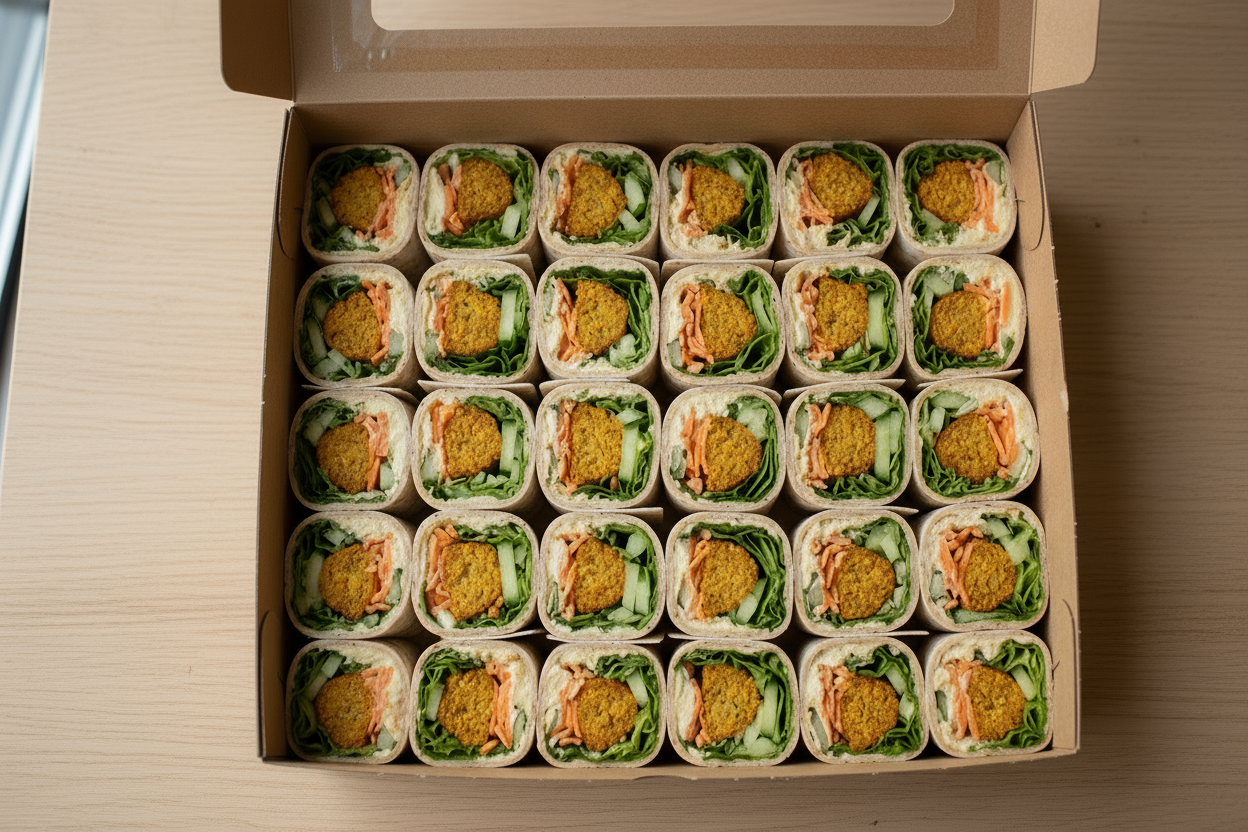 Catering Box with 24 wraps cut in half filled with Falafels, hummus, carrot, grated carrot, cumcumber sticks, lettuce chilli mayo