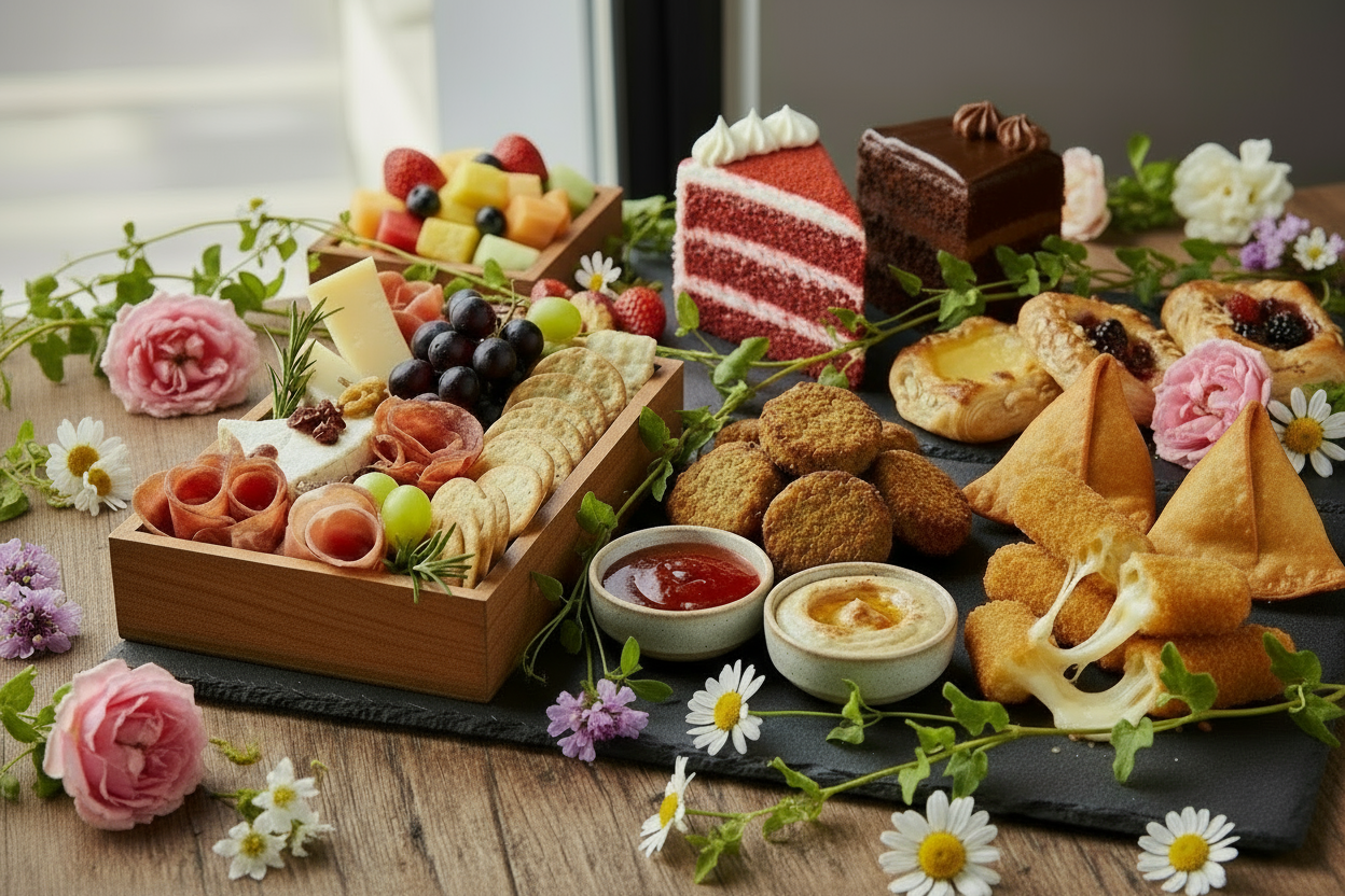 Charcuterie grazing boxes, Falafels with sweet chilli sauce and hummus, crumbed Mozzarella Sticks, 