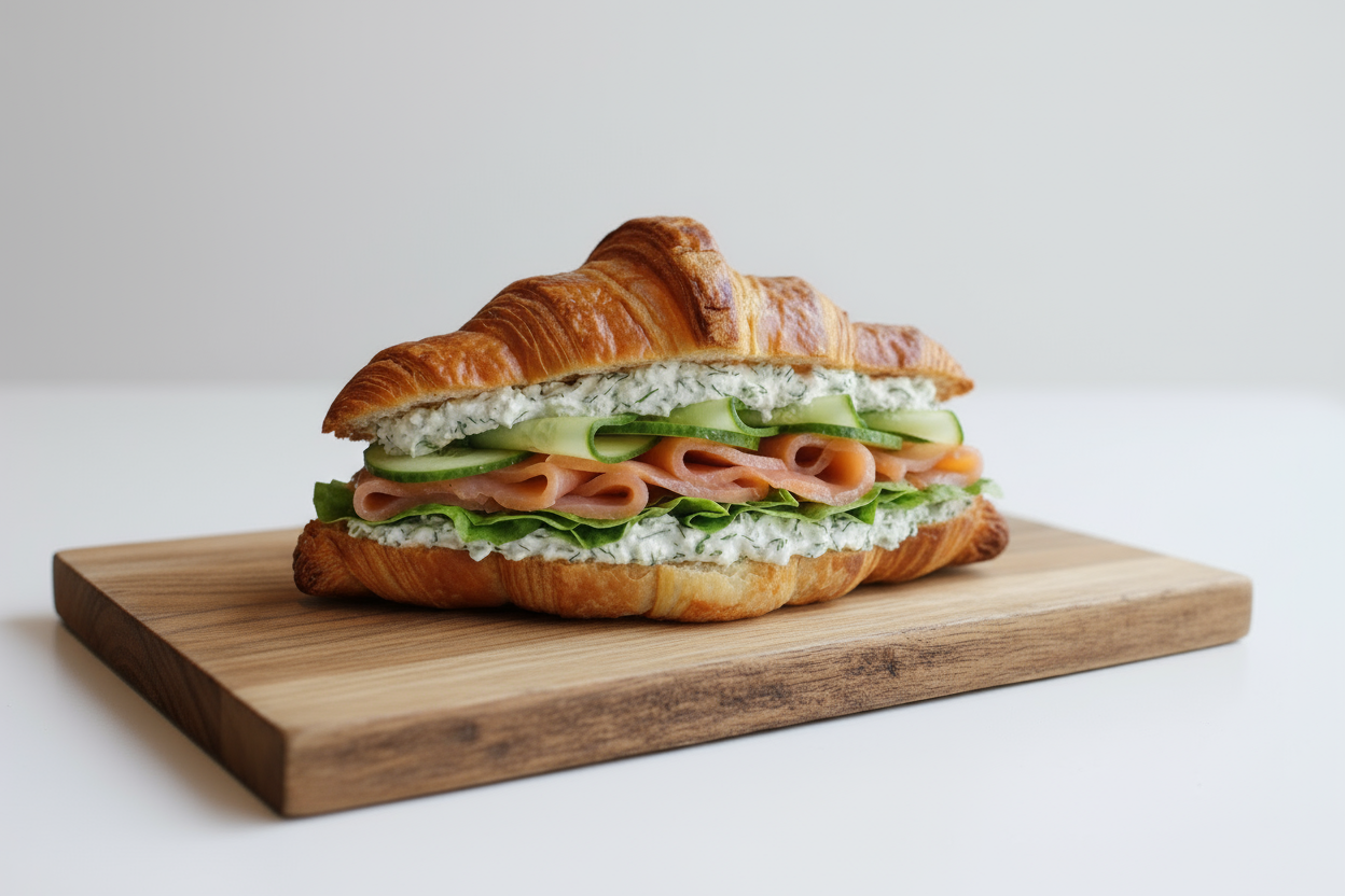 Croissant filled with dill creamcheese, smoked salmon, cucumber, lettuce 