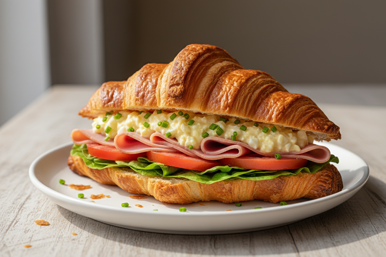 Croissant filled with Ham, Egg mayo chive mix, tomato, lettuce
