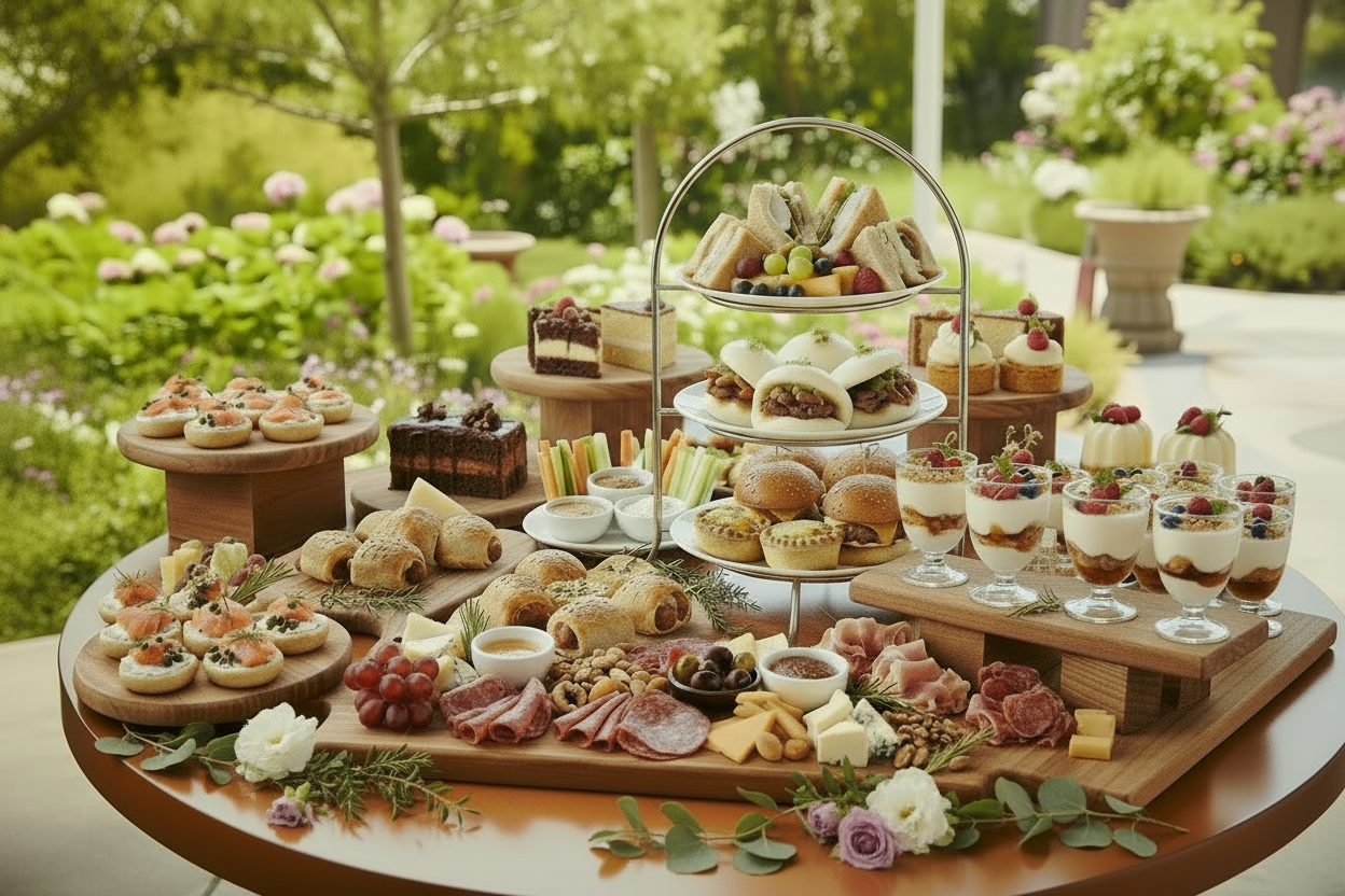 High Tea, Club Sandwiches cut into 4s, Fresh Fruit, Bao Buns, Mini Beef sliders