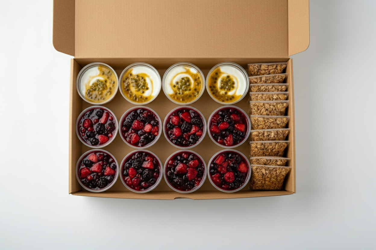 Yoghurt with passionfruit compote in a plastic cup, granola on the side in a bag